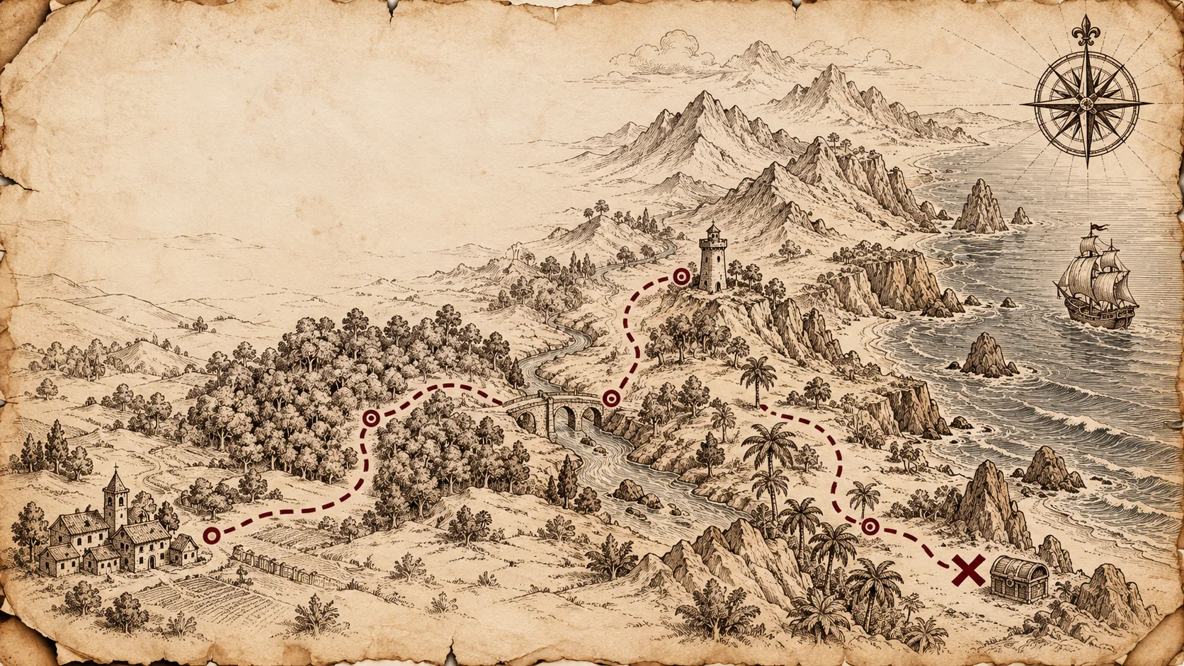Mapa do tesouro em gravura: uma trilha tracejada sai de uma vila, passa pela floresta, por uma ponte e por uma torre de vigia, desce até a praia e termina num X ao lado de um baú.